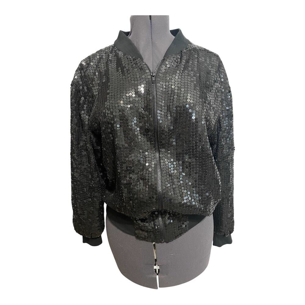 Vintage Cee Cee Silk Sequins Bomber Jacket Medium Black Glam Rock Boho Disco 80s